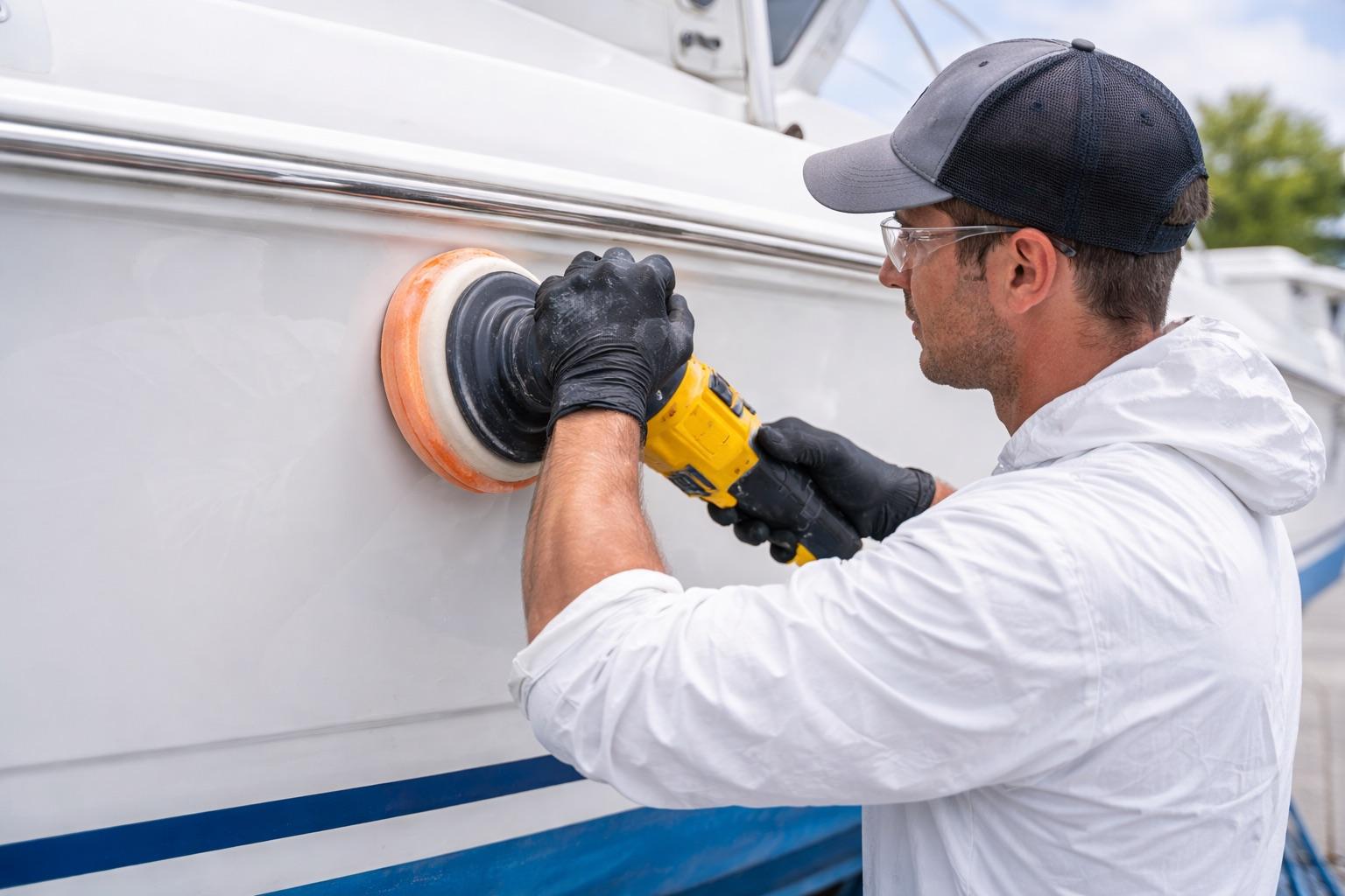 Technician detailing and buffing a boat hull
