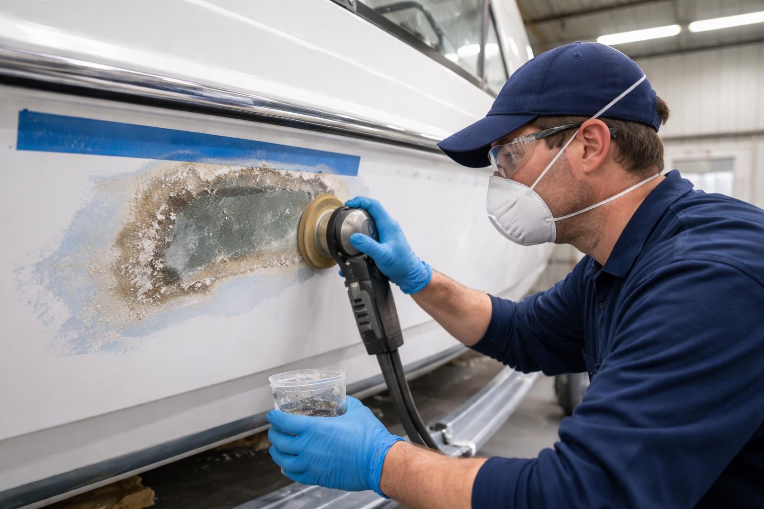 Technician performing fiberglass repair on a boat hull