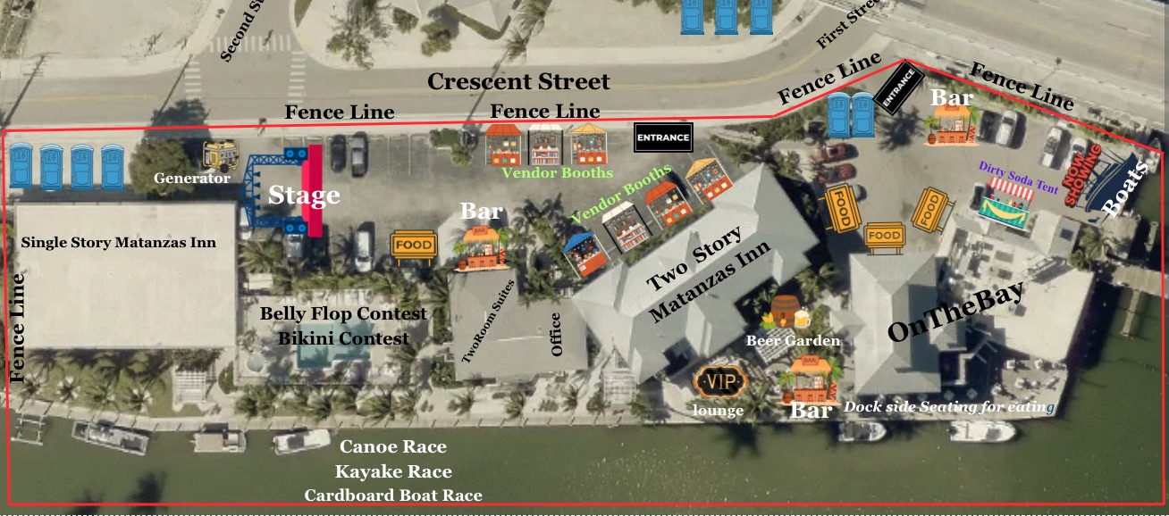Bash on the Bay event grounds map at Matanzas on the Bay, Fort Myers Beach, showing the main stage, the Crescent Street entrances, vendor booths, food and bars, the beer garden, VIP lounge, contest areas and the boats on display.